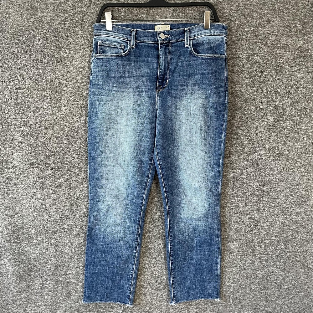 L'Agence Jeans Womens 31 Blue High Rise Slim Straight Crop Raw Hem Stretch Denim